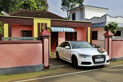 White Audi with floral decoration parked in front of vibrant, colorful house, capturing pre-wedding atmosphere.